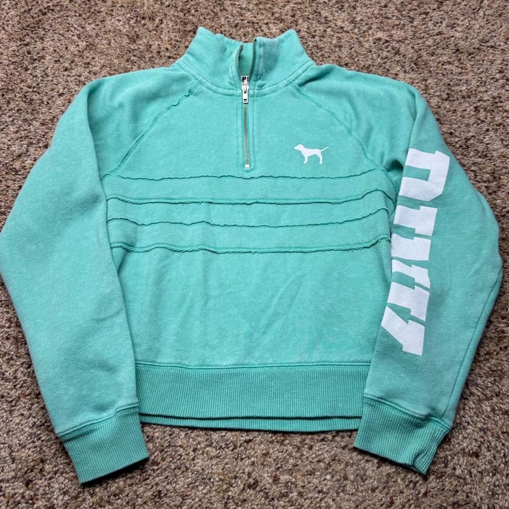 PINK Victoria's Secret Mint Green Quarter Zip Pullover‎ Cropped Sweatshirt XS